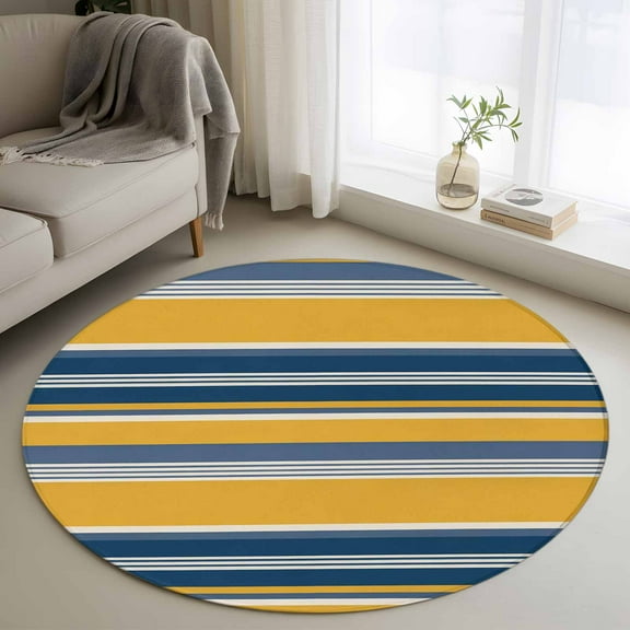 Yellow Blue Striped Round Rug 3ft Washable Circle Entryway Rugs Non Slip Farmhouse Vintage Stripe Area Rug Indoor Floor Carpet for Bedroom Kitchen Living Room Home Office Dining Room Nursery