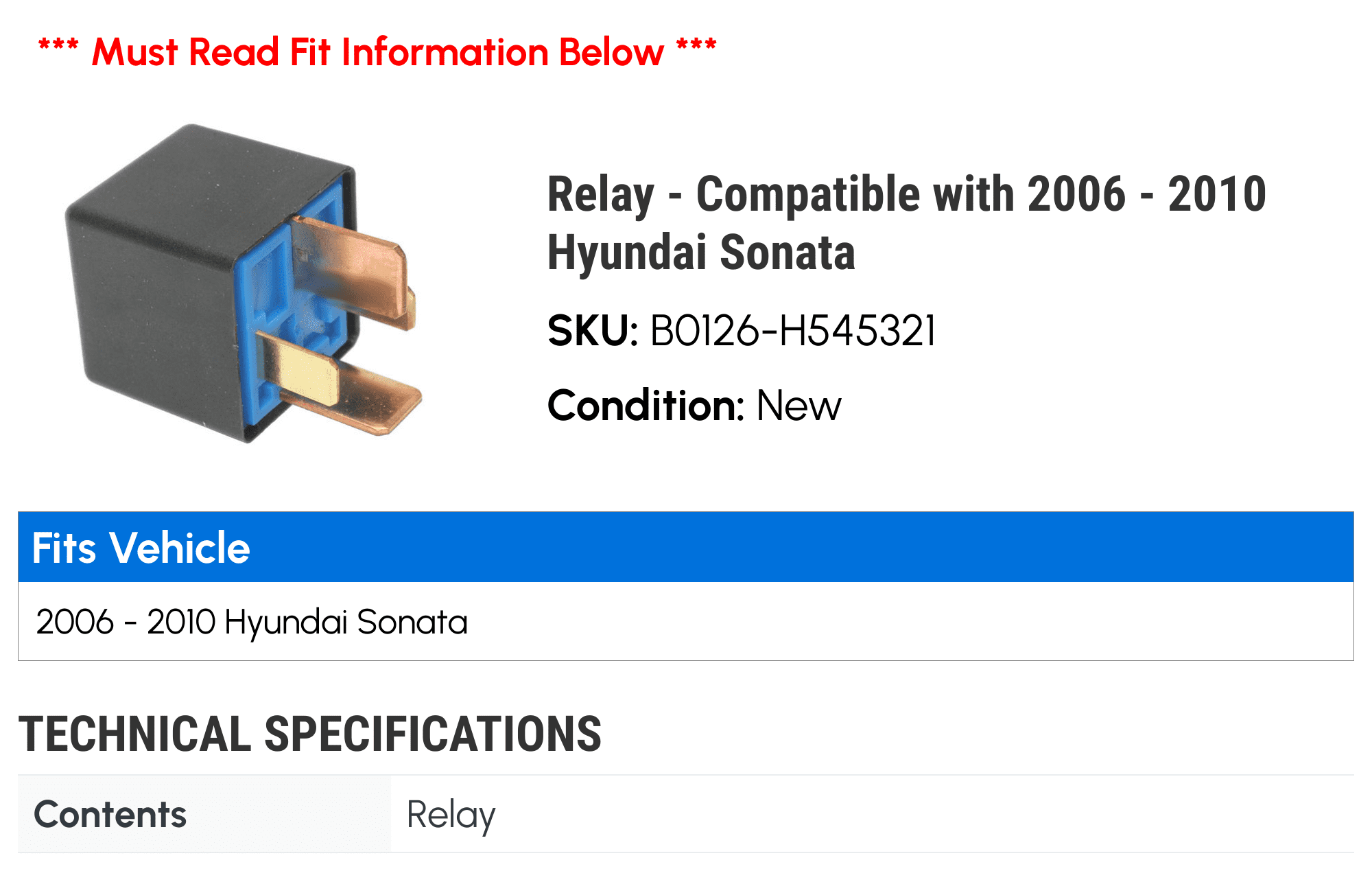 Relay - Compatible with 2006 - 2010 Hyundai Sonata 2007 2008 2009
