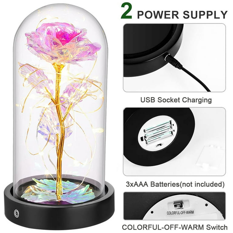 Rosnek Forever Battery Artificial Flower Powered Light Night String & Galaxy Rose Base, Glass Dome Gift Wooden with In On USB LED Rose Decorative Light