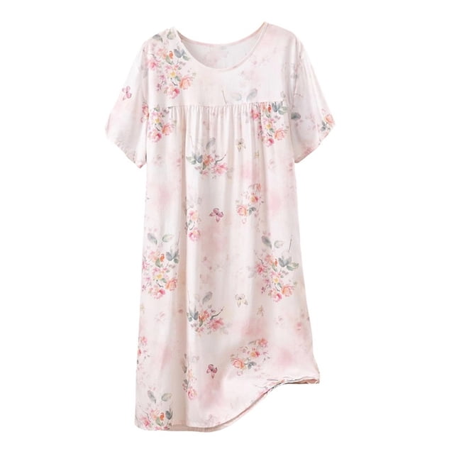 Chemise de Nuit pour Femmes, Manches Courtes à Col Rond Imprimé, Robe d'Allaitement, Rayonne Spandex Douce, Robe de Détente Longueur Genou