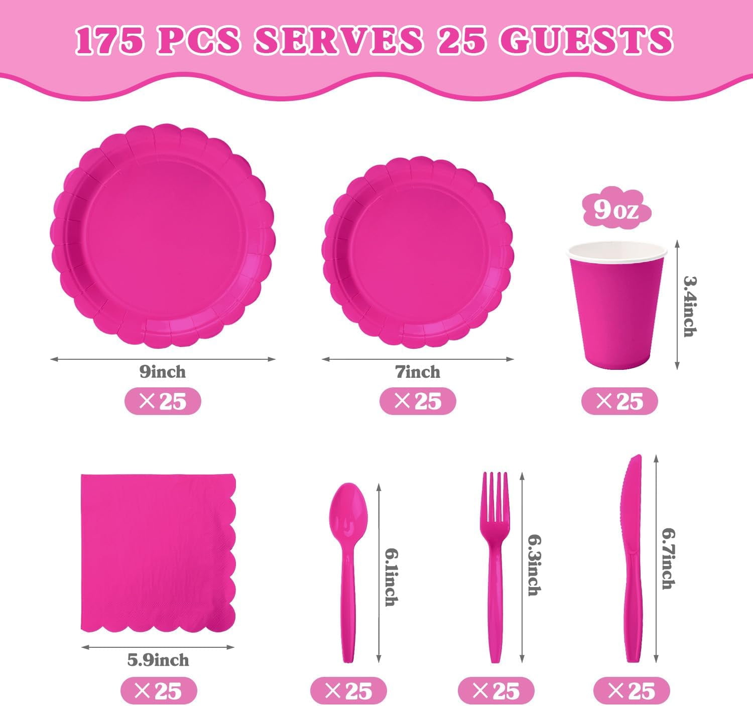 175 Pcs Hot Pink Disposable Paper Plates and Napkins Set for 25, 9" Dinner Plates & 7" Dessert Plates, Tableware for Birthday, Bachelorette, Party