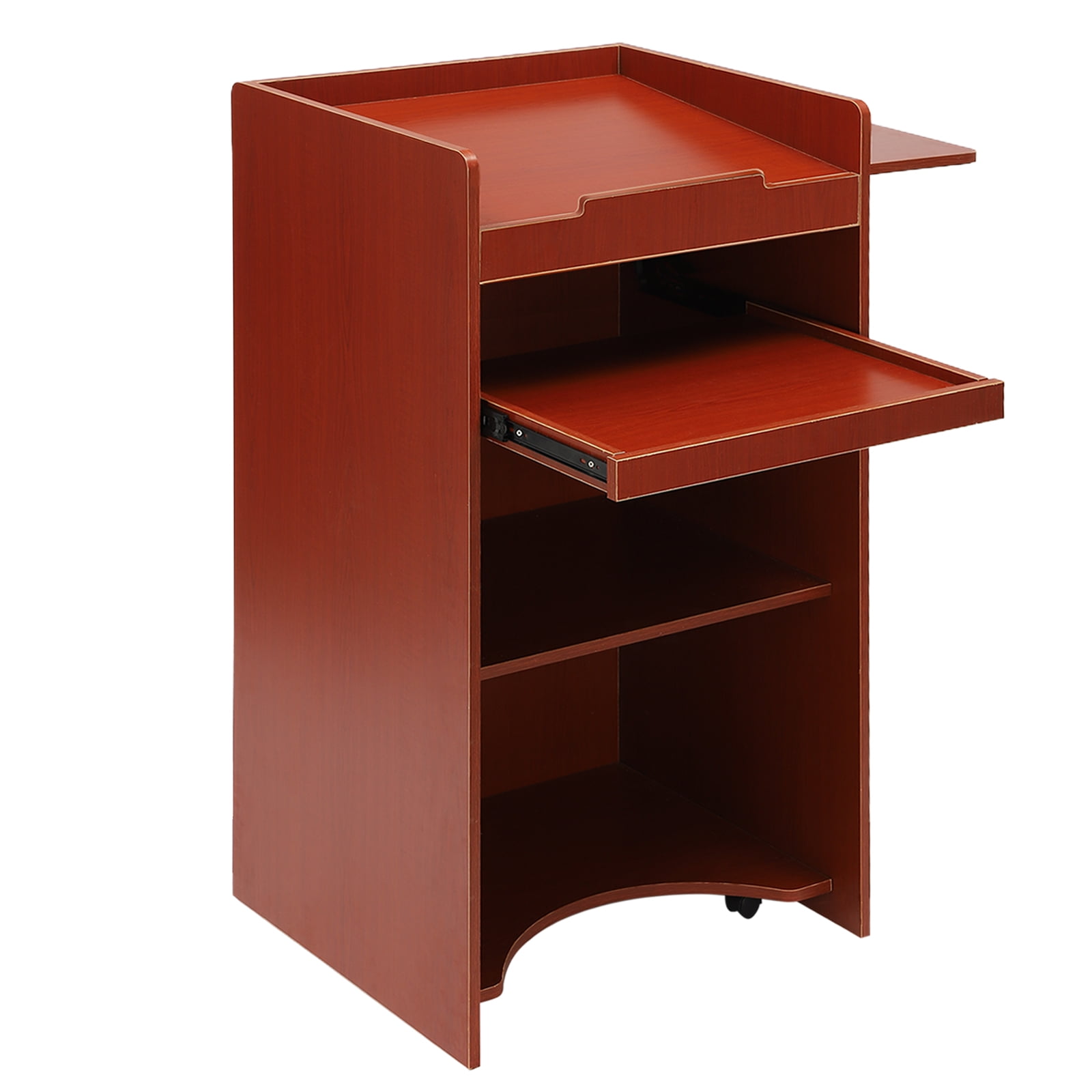 Mobile Lectern Podium Stand, Indoor Outdoor Hostess Stand Desk with Storage Shelves and Keyboard Tray for Churches Classrooms Adult Cherry