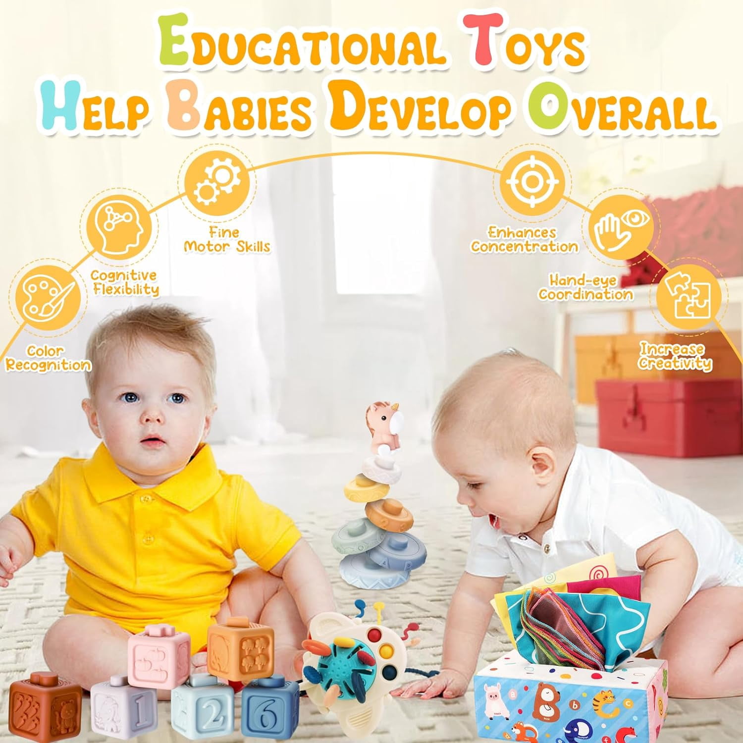 4-in-1 Montessori Baby Toy Set for 6-12 Months, Tissue Box Toy, Stacking Blocks, Building Blocks and Dinosaur Toy, Sensory Gift for Infants