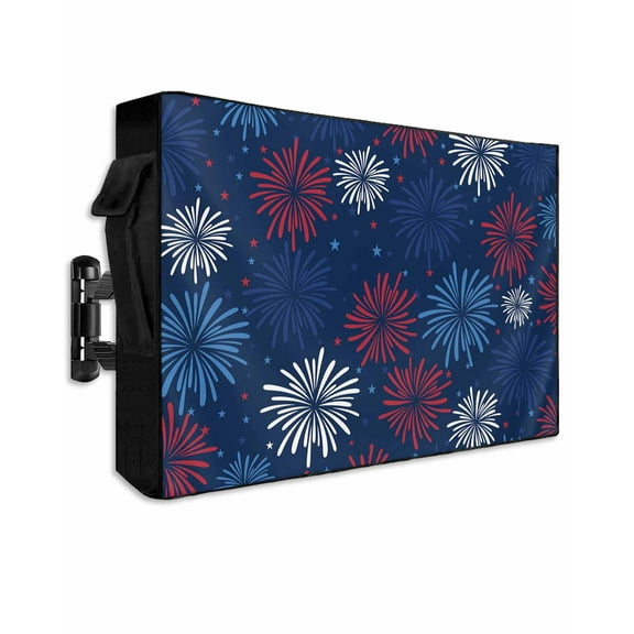 Independence Day Outdoor TV Cover 52 to 55 Inch Weatherproof, 4th of July Red Blue Fireworks Flag Day 600D Oxford TV Covers with Waterproof Zipper, Outside Flat TV Screen Protector 52"Wx19"Hx4.5"D
