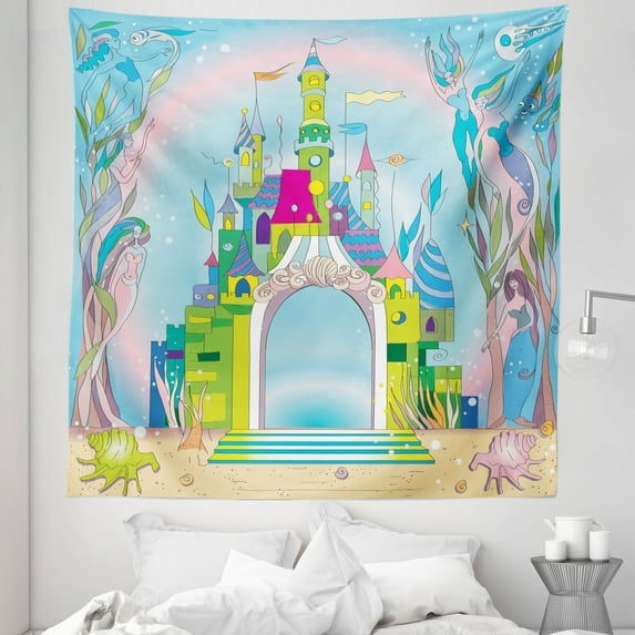 Colorful Tapestry, Rainbow Toned Castle in the Ocean with Mermaid and Fishes Colorful Composition, Fabric Wall Hanging Decor for Bedroom Living Room Dorm, 5 Sizes, Multicolor, by Ambesonne