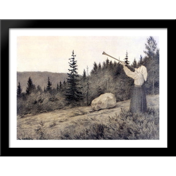 Up in the Hills a Clarion Call rings out 36x28 Large Black Wood Framed Print Art by Theodor Severin Kittelsen