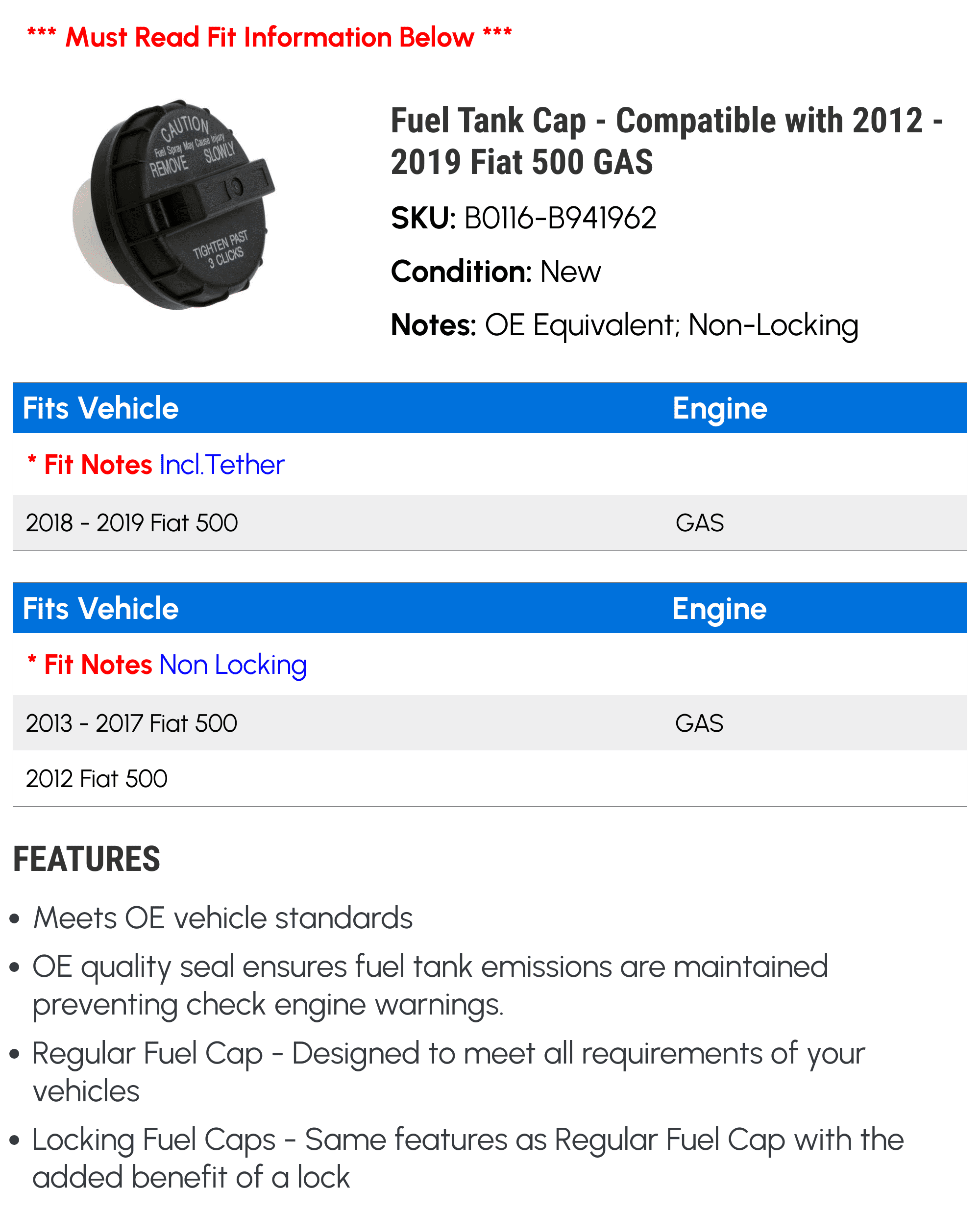 Fuel Tank Cap - Compatible with 2012 - 2019 Fiat 500 GAS 2013 2014 2015 2016 2017 2018