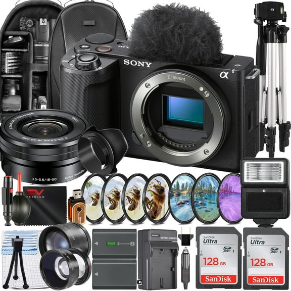 Sony ZV-E10 II Mirrorless Camera (Black) with 16-50mm Lens   2 Pack 128GB Memory Card   Backpack   Filter Kit   Full Size Tripod   SV Premium Accessory Bundle (International Model)
