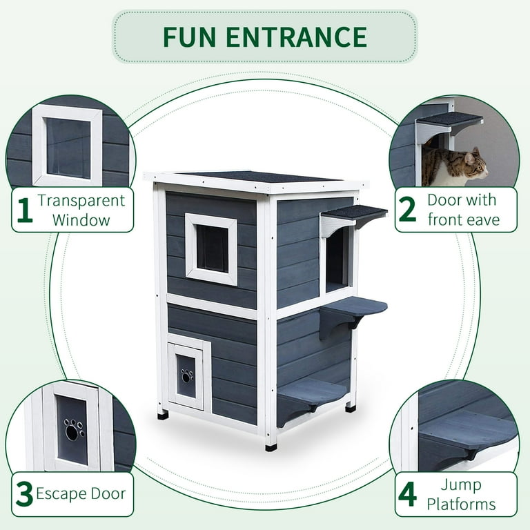 Pawhut Solid Wood 2 Floor Cat Condo Kitten Shelter with Window Blue