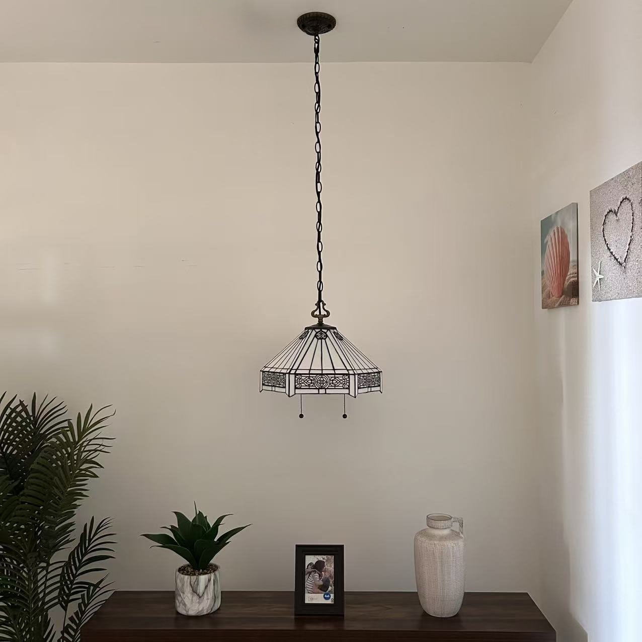 White Hexagon Stained Glass Pendant Lights Fixture LED Bulb Included for Dining Room Kitchen Island 16"W*16"D*75"H