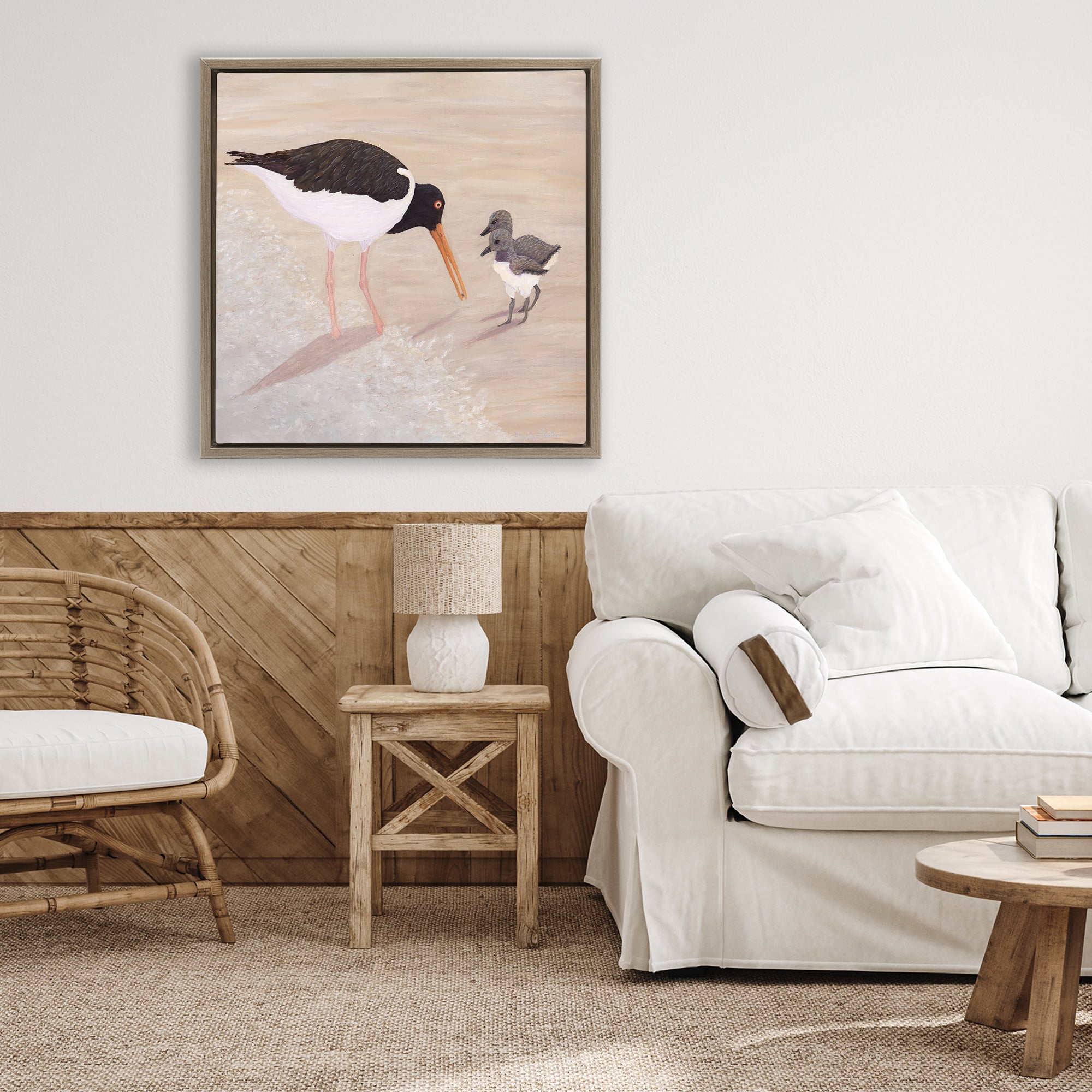 Stupell Industries American Oyster Catcher & Chicks Brown Framed Floater Canvas Wall Art, design by Barbara Fallenbaum