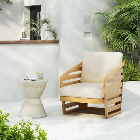 GDF Studio Nordic Outdoor Patio Lounge Chair, Acacia Wood Frame, Weather-Resistant Cushions, Hollow Design, Beige