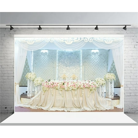 Image of HelloDecor 7x5ft Wedding Ceremony Backdrop Romantic Flowers Table Photography Background Girlfriend Lovers Couple Bride Artistic Portrait Nuptial Deco