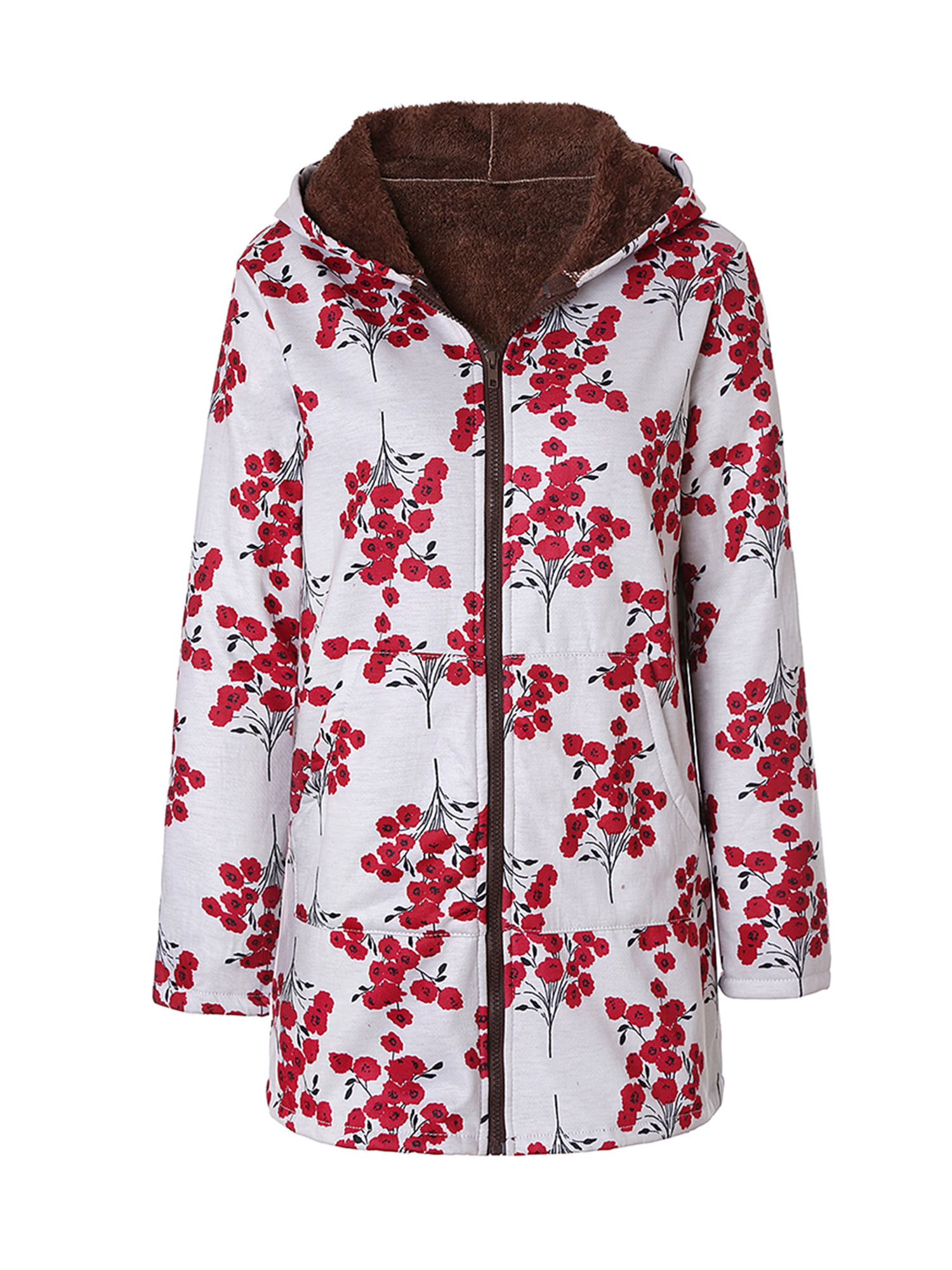 Women Ladies Warm Floral Print Coat Fleece Hooded Parka Jacket Outwear Plus Size 