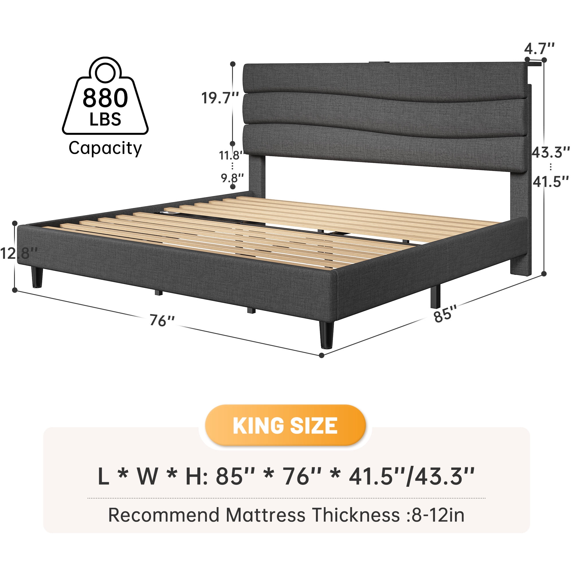 EnHomee King Size Bed Frame with Headboard Upholstered Bed Frame King with Storage King Size Bed Frame with Charge Station Gray, No Box Spring Needed, Noise Free