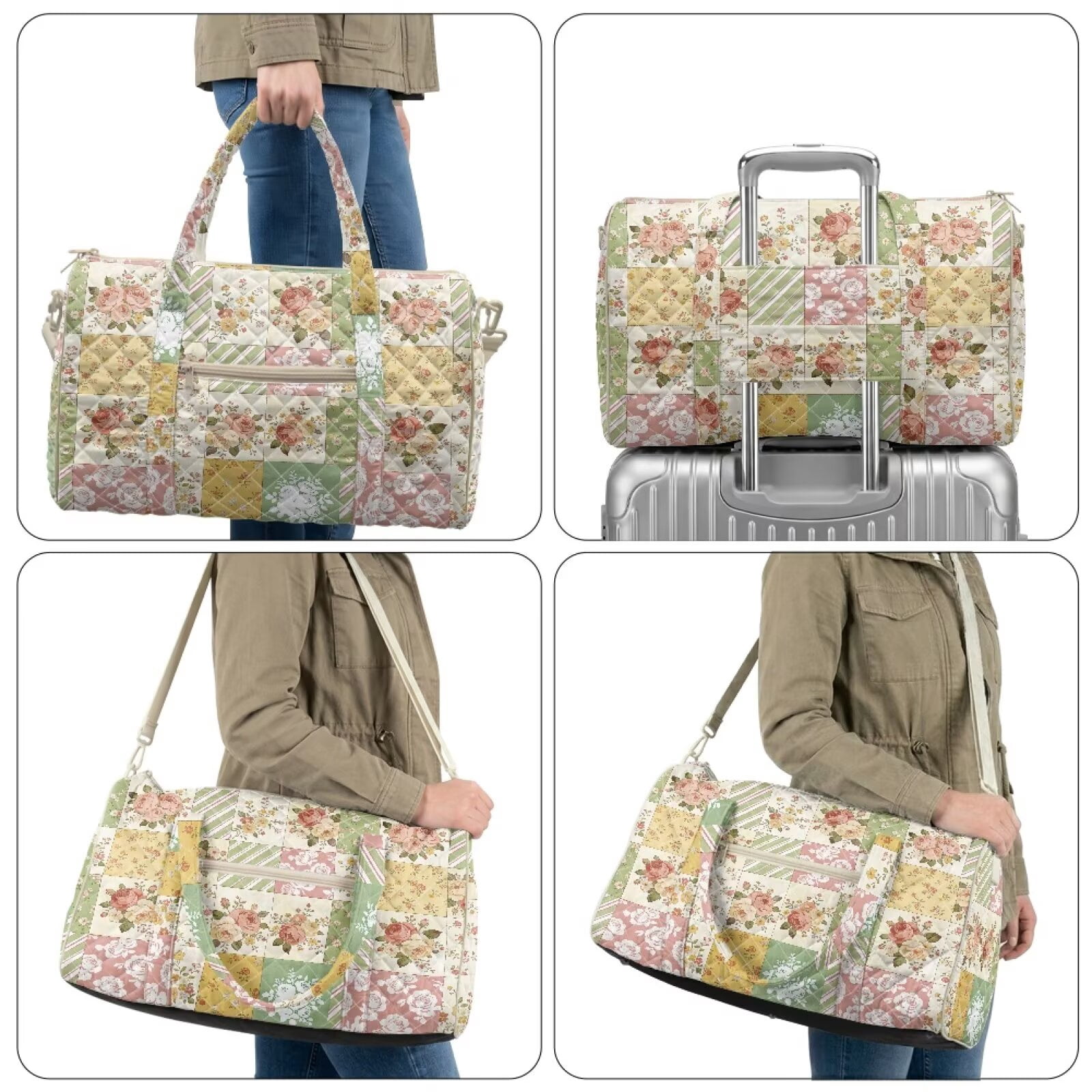 Garronmavis Large Floral Patchwork Quilted Duffle Bag for Women, Weekender Bag Travel Carry On Bag, Cute Overnight Gym Dance Tote with Luggage Sleeve, Zipper Pockets