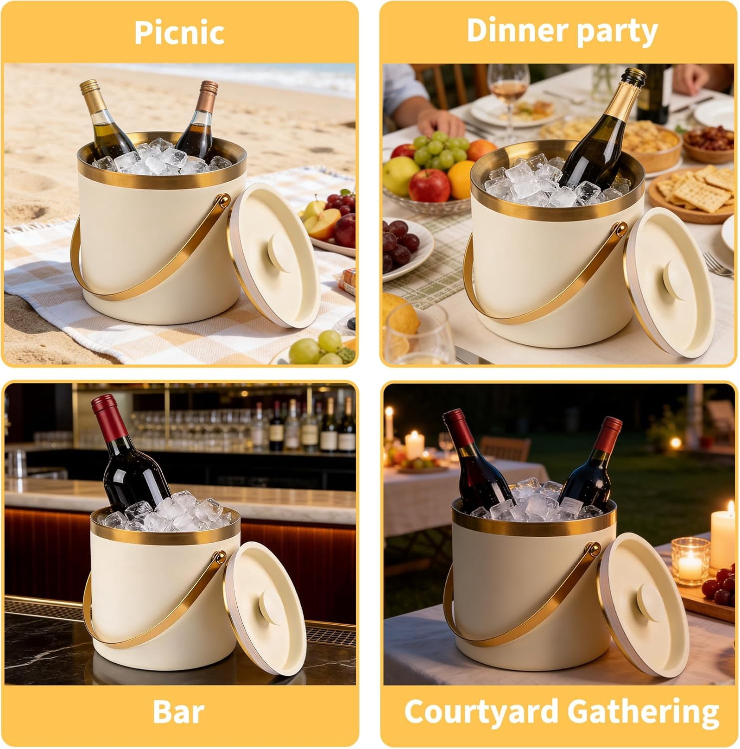 YUSAZENS 3L White Stainless Steel Ice Bucket with Lid, 3-Layer Vacuum Insulated Beverage Cooler, 7.5x7.1in Mirror Finish Ice Tub with Ice Spoon & Drainage for Party Picnic Bar