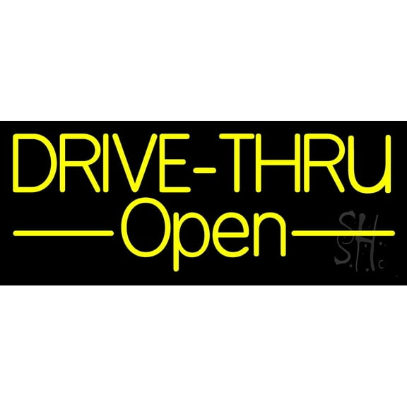 Yellow Drive Thru Open LED Neon Sign 13 x 32 - inches, Black Square Cut Acrylic Backing, with Dimmer - Bright and Premium built indoor LED Neon Sign for restaurant window and interior decor.