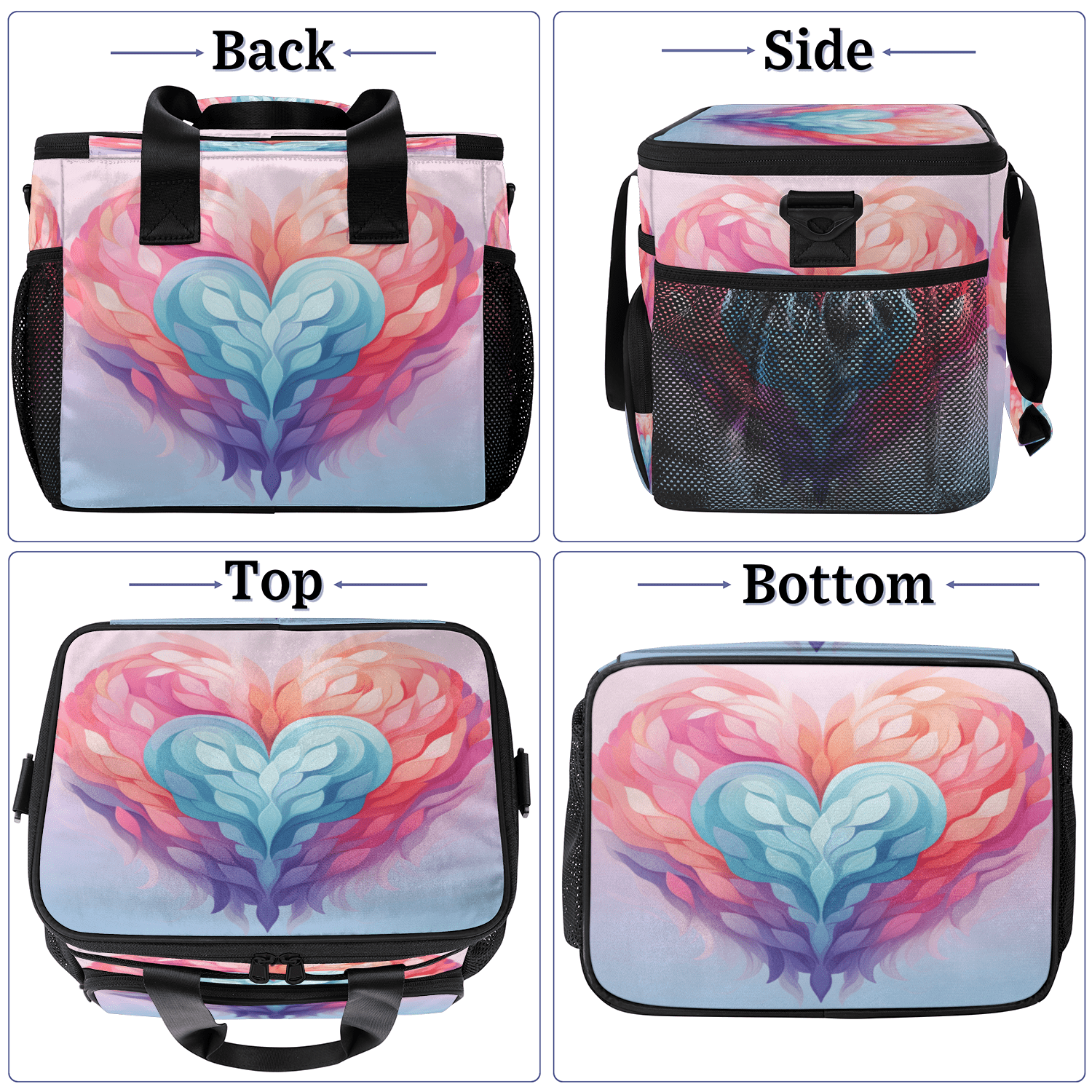 Herdesigns Heart Colorful Large Lunch Box for Adults Women Men with Adjustable Shoulder Strap, Insulated Reusable Lunch Bag Leakproof Cooler Tote Bag