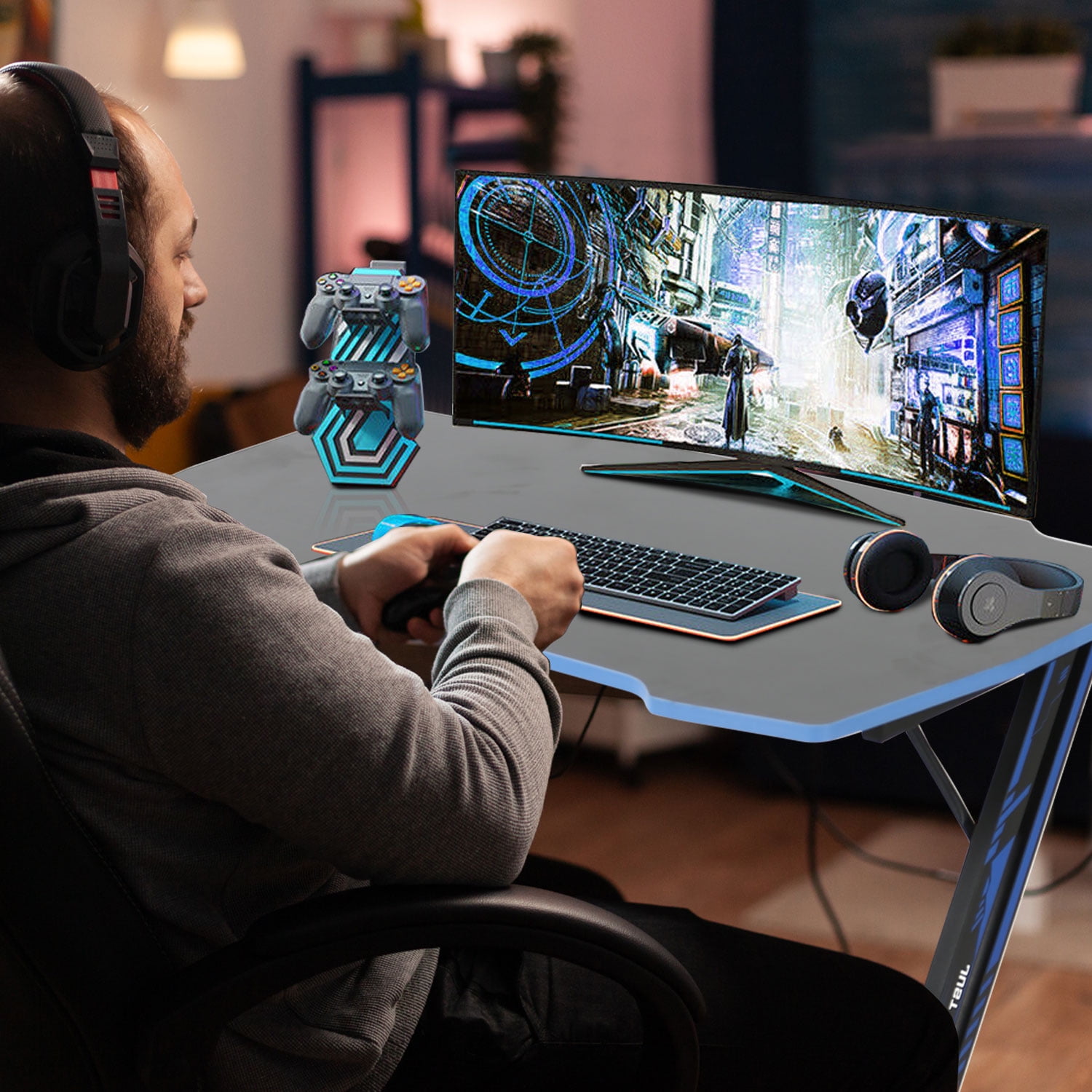 CL.HPAHKL 39 inch Small Gaming Desk, Z Shaped PC Computer Desk Gaming Workstation with Headphone Hook, Ergonomic Gaming Table PC Desk for Game Players, Blue