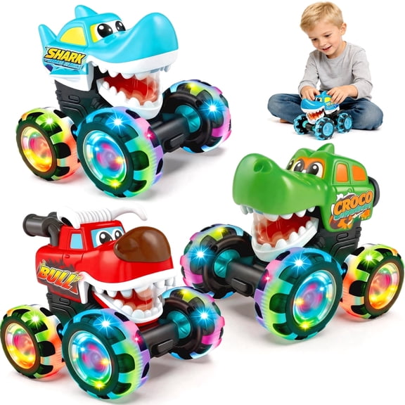 Chuvikid 3 Pack Monster Truck Toy,Motion Activated Light Up Cars for Toddlers- Bull,Shark,Crocodile,Press and Go Cars Gifts for Boys Gifts Ages 3-7