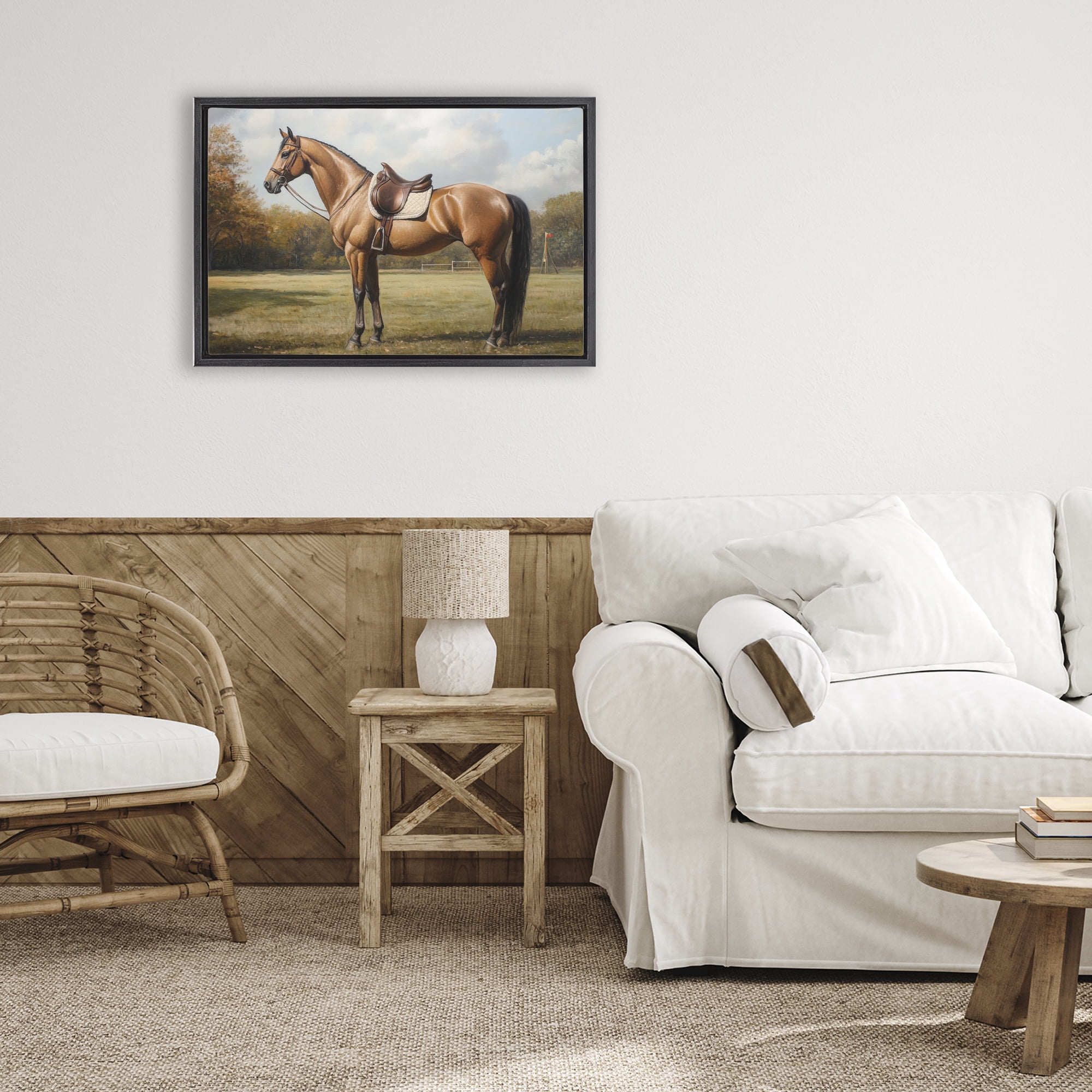 Stupell Industries Show Ready Horse with Saddle Black Framed Floater Canvas Wall Art, design by Petal Prints Design