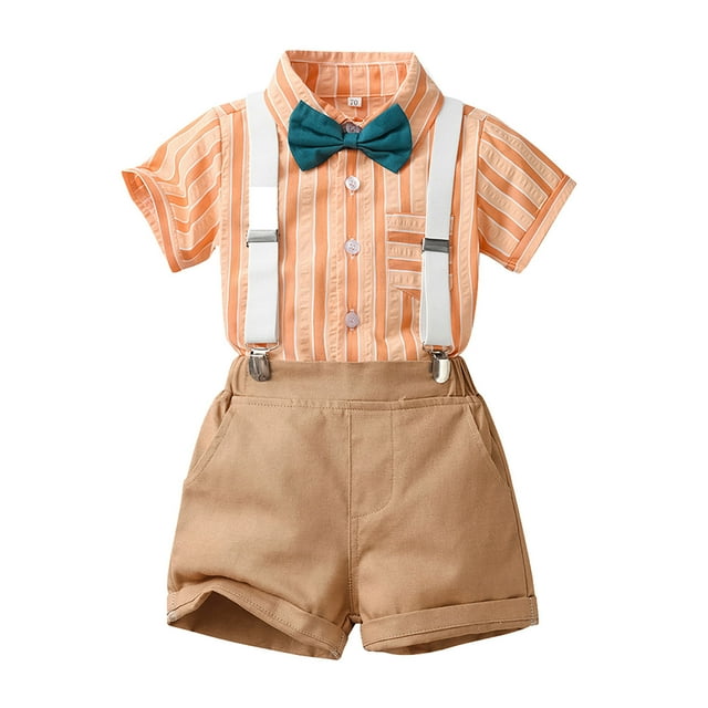 Cameland Combinaison d'Été pour Petits Garçons 2 Pcs Ensemble Chemise à Manches Courtes Rayée en Coton avec Nœud et Pantalon à Bretelles Mode