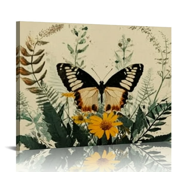 SHERONV Butterfly Plants Yellow Flower Wall Decor Canvas Art 20x16in
