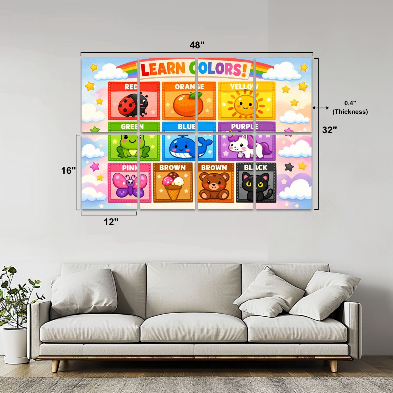 Classroom 8 Pack Art Acoustic Panels Sound Absorbing Learn Colors Cute Cartoon Characters Bright Colors Decorative Soundproof Wall Panels Self Adhesive for Nursery Kids Game Room 48"x32"