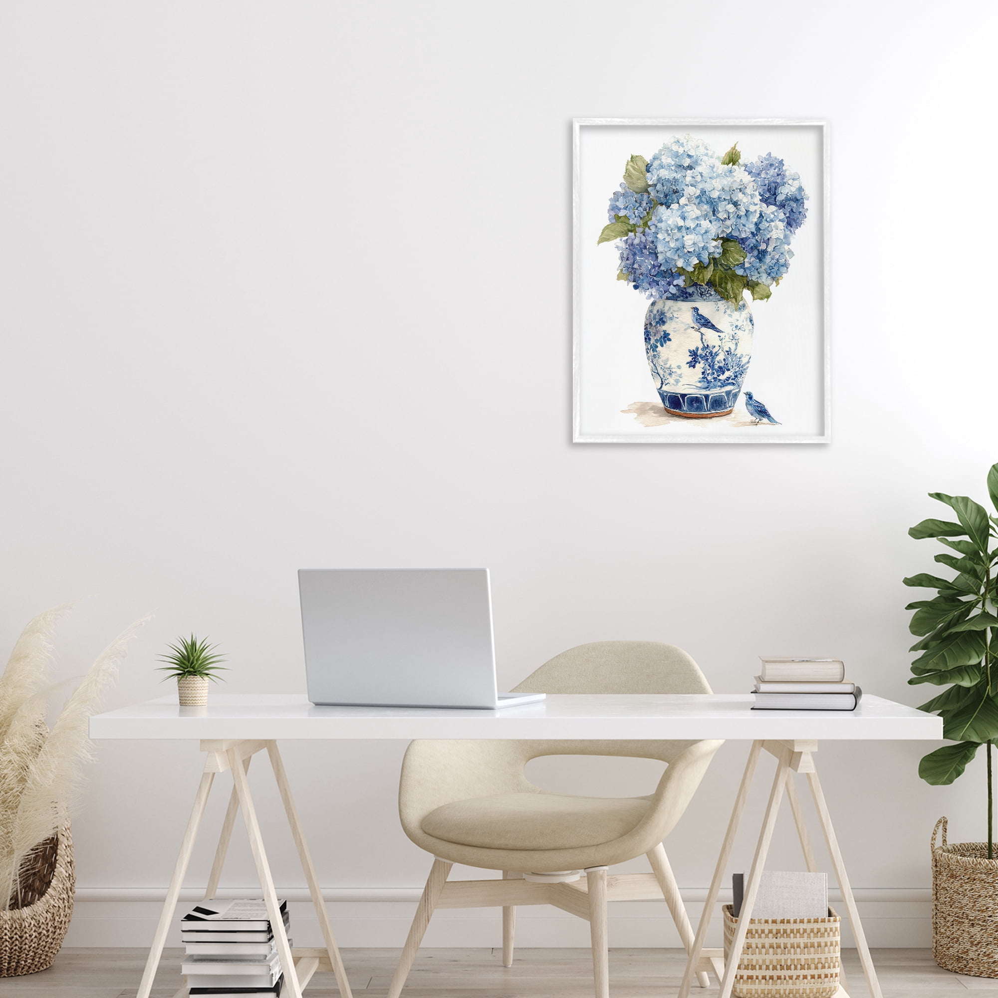 Stupell Industries Blue Bird & Hydrangea Vase White Framed Giclee Art, design by Imagine It Images