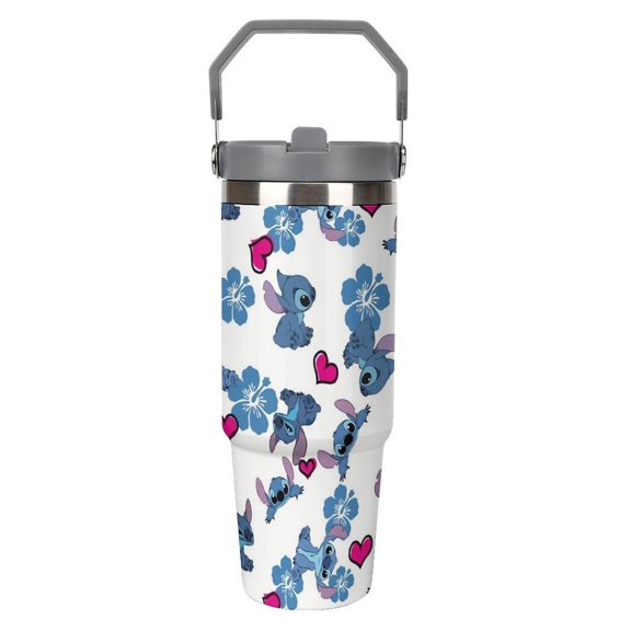 Stitch Shows Love 30oz Stainless Steel Tumblers with Flip Straw & Handle, Insulated Double Walled Water Bottle for Home, Office, Car, Leak Proof, Reusable