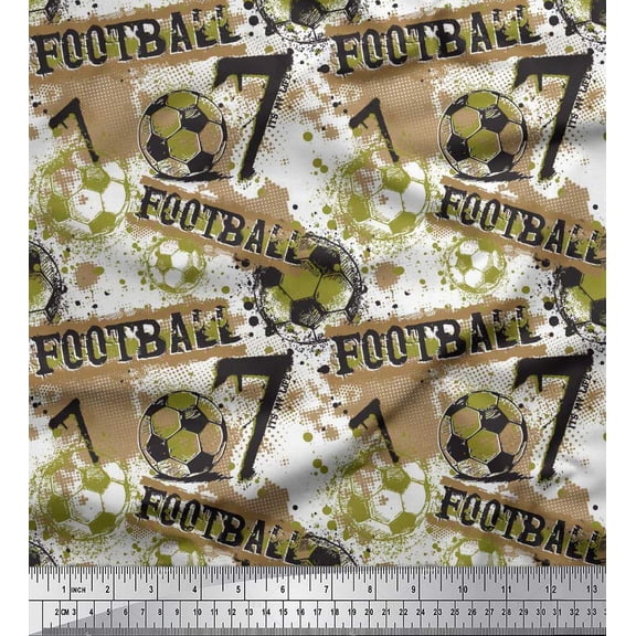 Soimoi Brown Moss Georgette Fabric Brush Stroke & Football Men Print Fabric by the Yard 42 Inch Wide