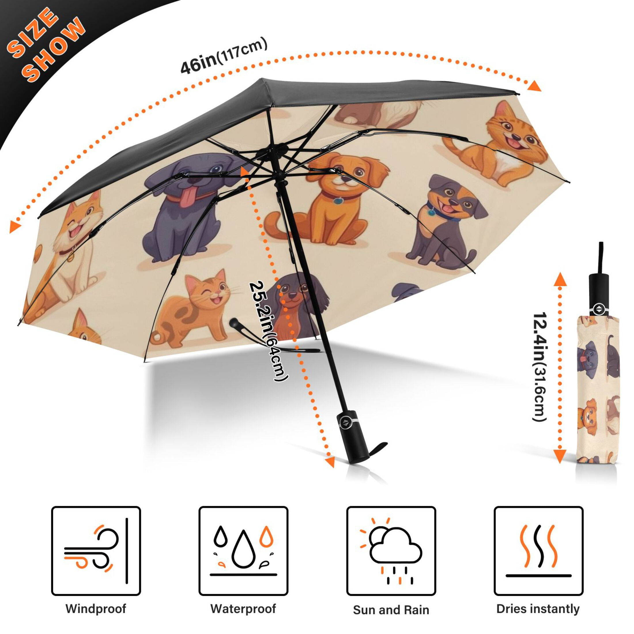 Cartoon Cats and Dogs Pattern Extra Large Automatic Umbrella, UV Protection, Waterproof, Auto Open and Close