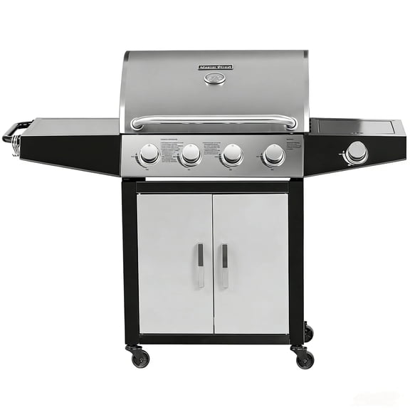 MASTER COOK Propane Gas Grill, 52,000 BTU Four-Burn Cabinet BBQ Grill with Side Stove, Stainless Steel