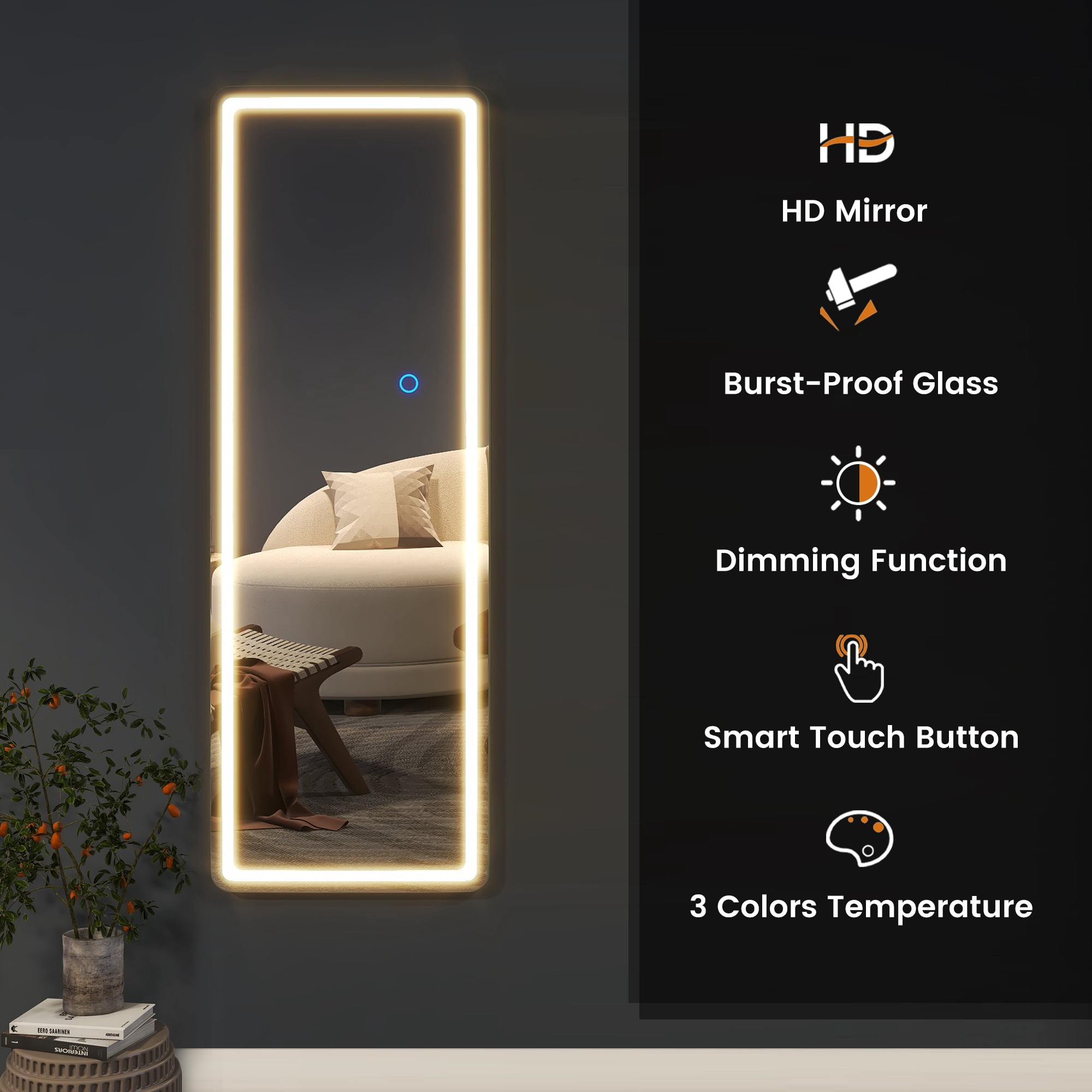 47"x16" Mordern Rectangle Hanging LED Mirror Door Mirror Vanity Mirror,White