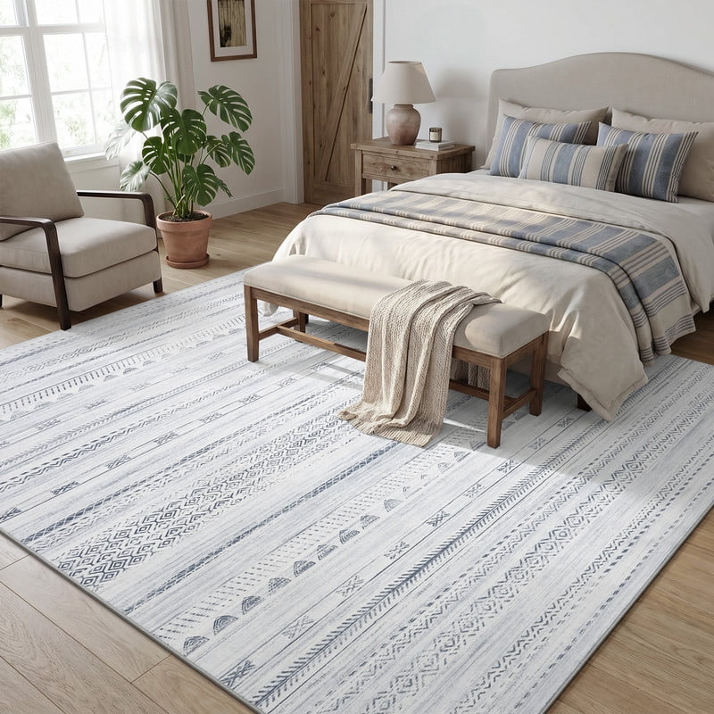 VUNATE 5'x7' Area Rugs for Living Room Washable Rugs Boho Moroccan Area Rug Soft Neutral Geometric Bohemian Carpet Distressed Indoor Rug for Bedroom Dining Room Office Foldable Nonslip Rug Blue