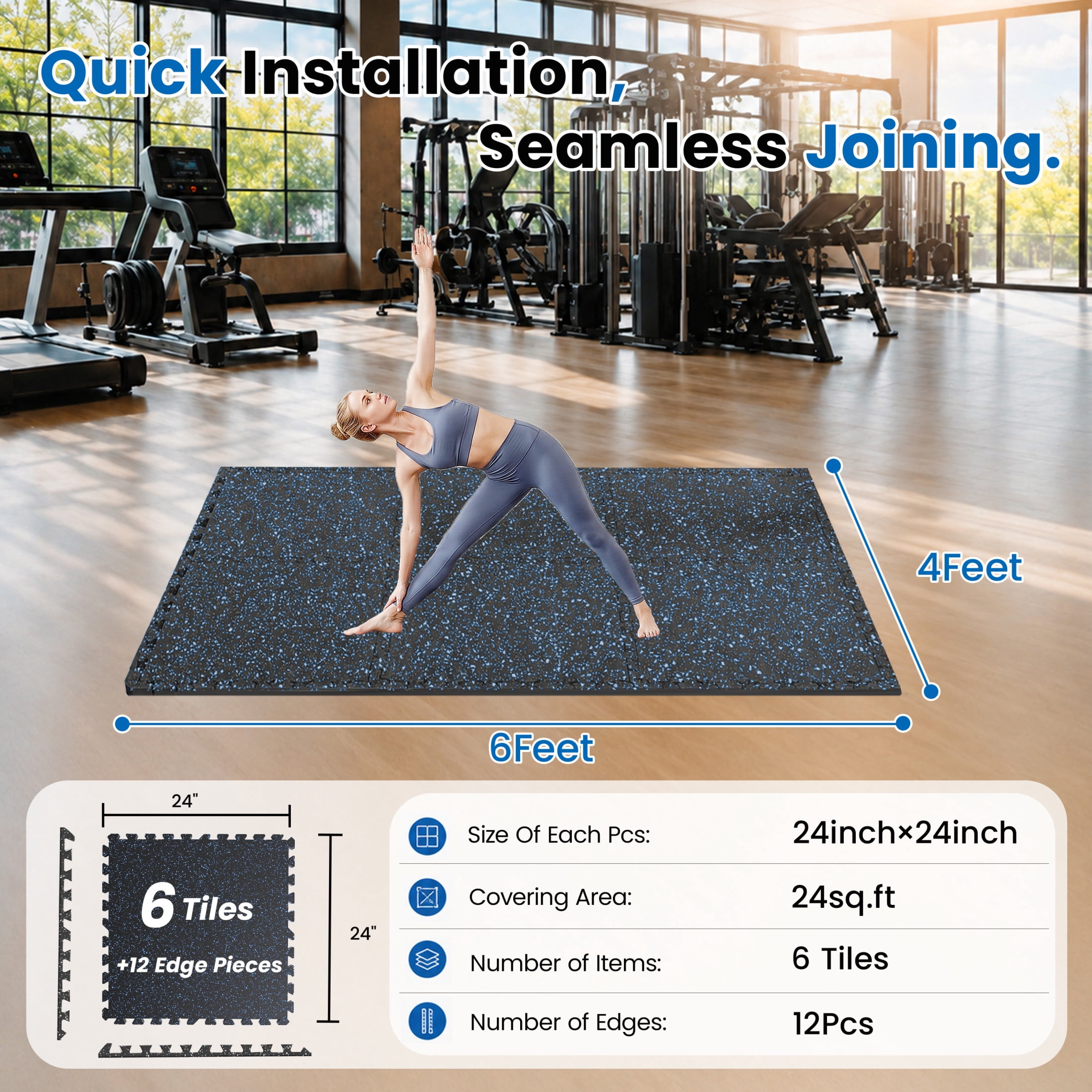 Noble House 0.6" Thick Interlocking Rubber Top & EVA Foam Floor Workout Mats for Gym, Yoga, 6 Tiles, Black & Blue