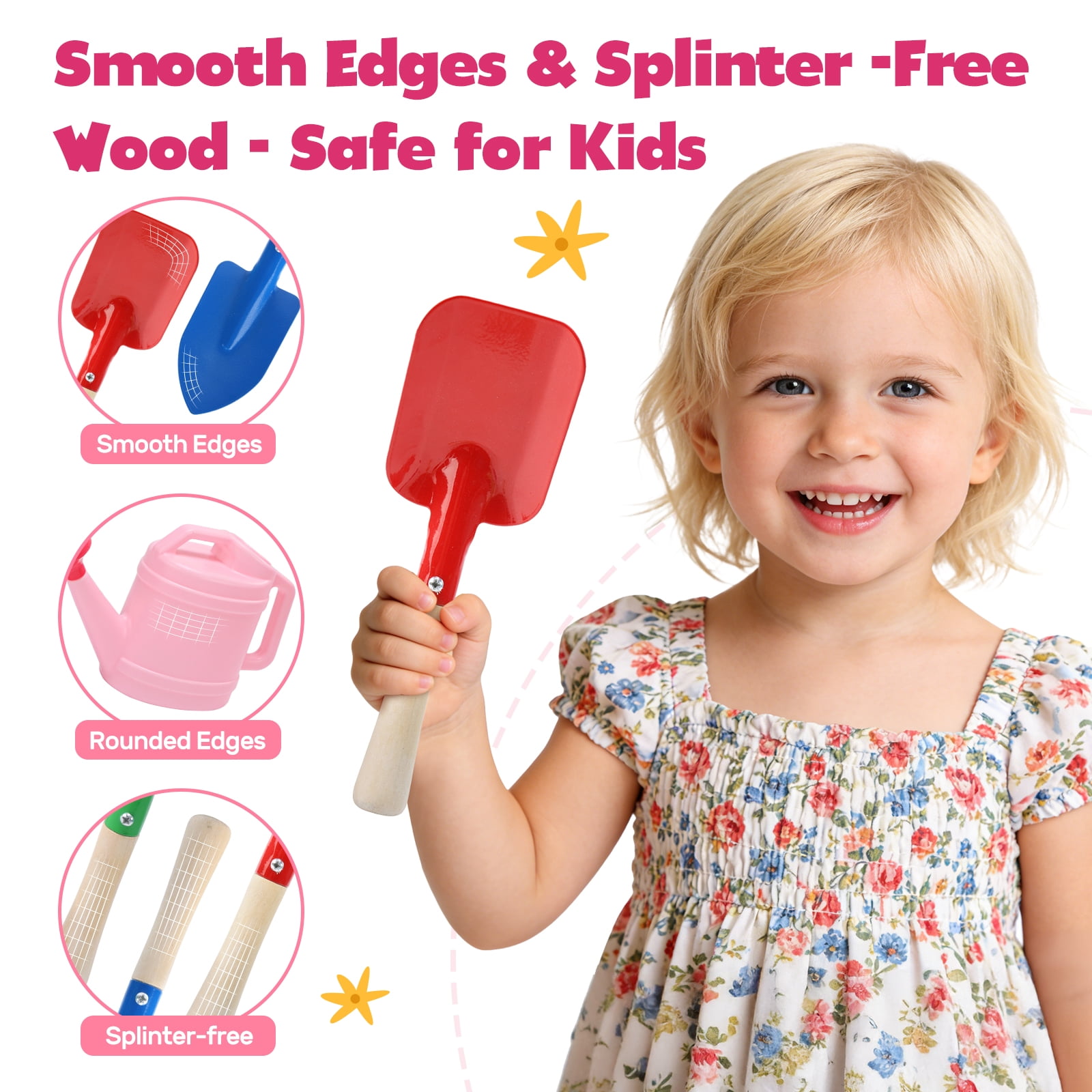 CUTE STONE Kids Gardening Tool Set, 13-Piece Pink Wheelbarrow Kit with Watering Can, Shovels, Rake, Gloves, Planters for Outdoor/Indoor Pretend Play, Toddlers Girls & Boys Age 3+
