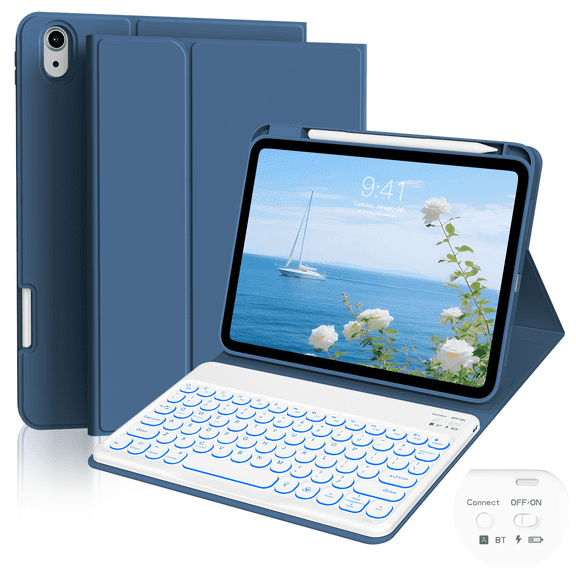 Aoub for iPad (A16) 11th 10th Generation Case with Keyboard, 7-Colors Backlit, Folio Cover with Pencil Holder, Detachable Keyboard for iPad 11/10.9-inch 2025/2022, Navy