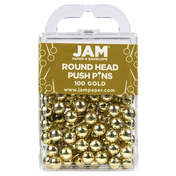 JAM Paper Push Pins, Round Head Map Tacks, 1 inch, Gold, 100/Pack