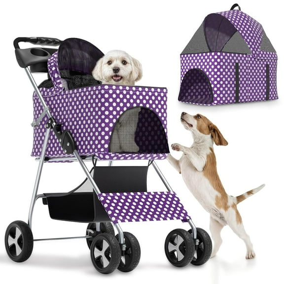 Hyxoo Foldable Pet Stroller, 3-in-1 Dog Travel Jogger with Detachable Carrier, Cup Holder, Storage Basket, Folding Carrier for Small/Medium Dogs & Cats Up to 33 lbs-Up to 33 lbs-Purple Polka Dots