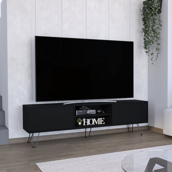 Tv Shelf, Black Finish, For 55" Tvs, Ample Storage Area, Cable Management Holes, Fashionable Hairpin Legs, Pine Table, Accommodates Spacious With Drawers And Shelves, Management, Stylish Leg