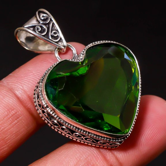 Peridot Gemstone Pendant Handmade Antique Gift Heart Shape Vintage Jewelry 1.90"