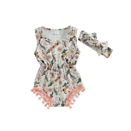 

Karuedoo Western Baby Girl Clothes Cow Print Romper Sleeveless Pompom Tassel Bodysuit with Headband