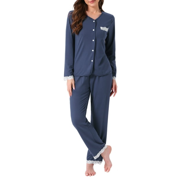 Conjuntos de pijamas para mujeres con encaje, blusa de manga larga con botones, ropa de dormir con pantalones de cintura elástica y bolsillos, color azul oscuro