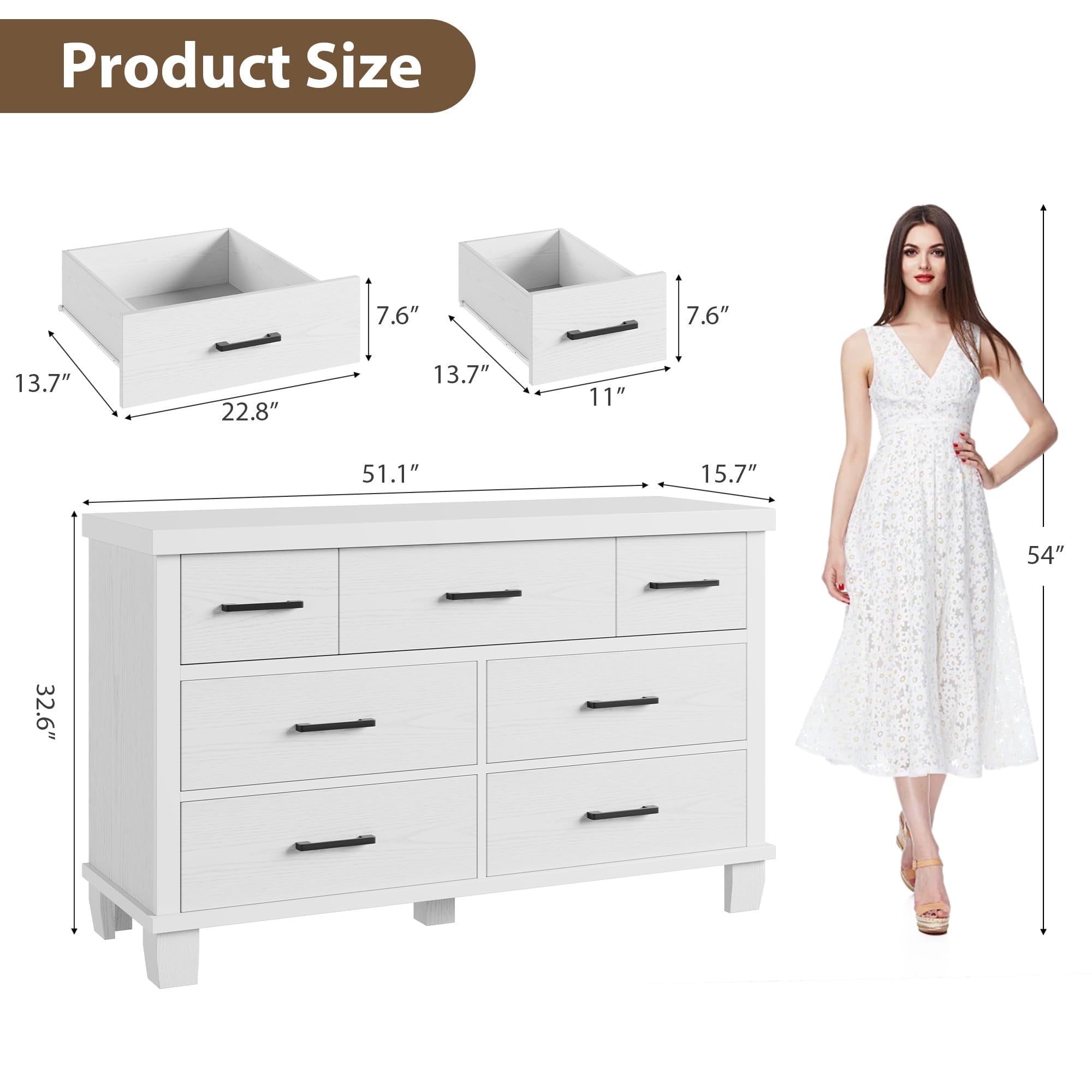 Kicctian 7 Drawer Dresser for Bedroom, 51" Wide Modern Wood Chest of Drawers, Wooden Closet Organizer with Metal Handles, Bedroom Living Room,White