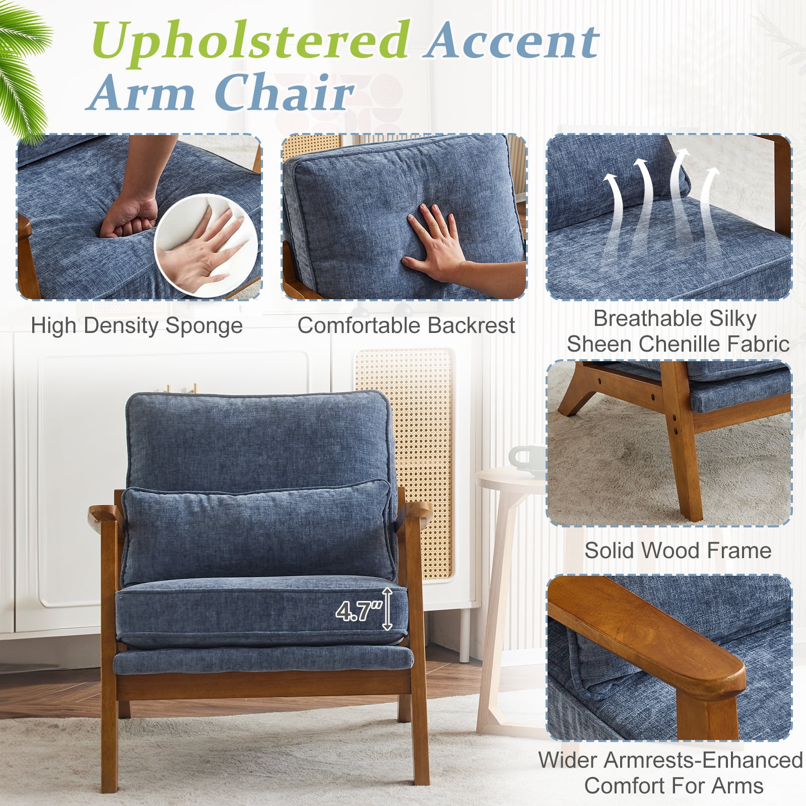 Ktaxon Blue Chenille Accent Chair, Upholstered Armchair with