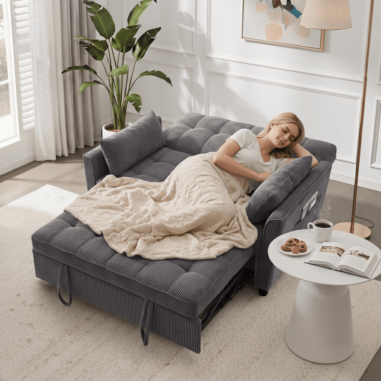 Xiweot 54" Sleeper Sofa Bed, Convertible Pull Out Couch for Living Room Apartment, Velvet Futon Loveseat Sofa Bed with Adjustable Backrest, Side Pockets, 2 Pillows, Easy Assembly (Dark Gray)