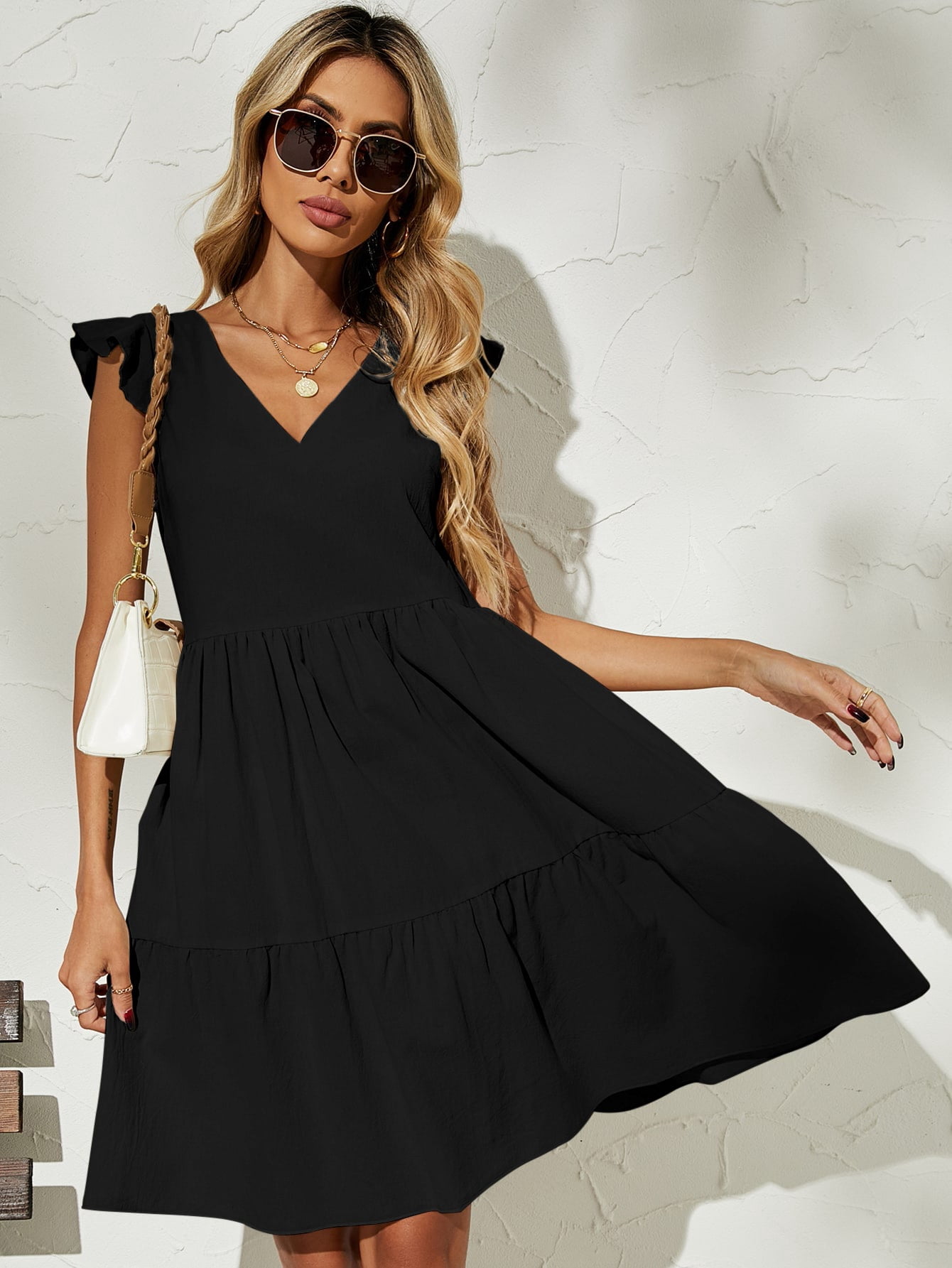 Butterfly Sleeve Solid Smock Dress 2022 