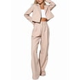 thumbnail image 2 of Women'S 2 Piece Casual Outfits Cropped Blazer Jackets High Waisted Wide Leg Work Pants Suit Set Apricot XL, 2 of 10